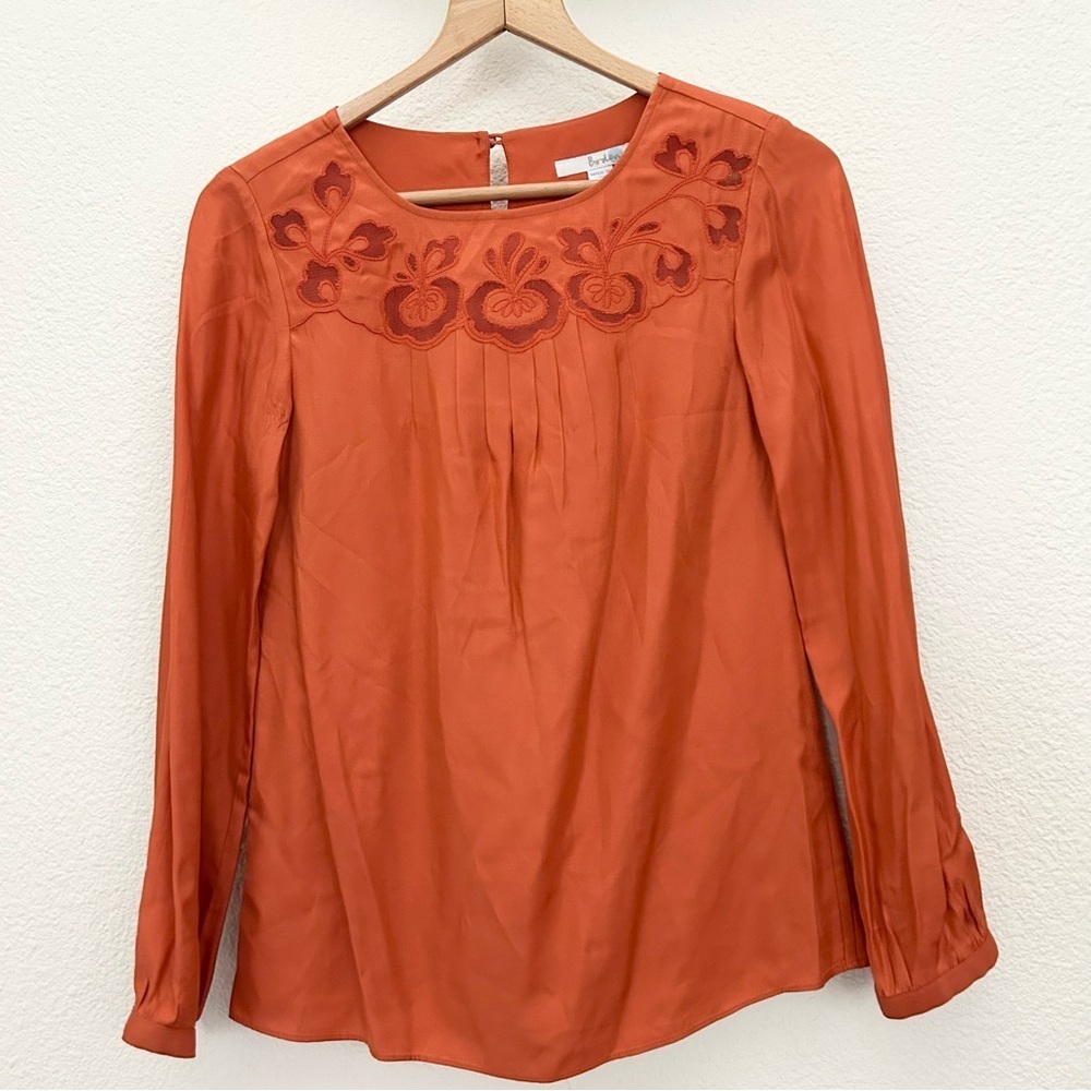 Boden silk blend blouse size 2 embroidered detail excellent color rusted orange